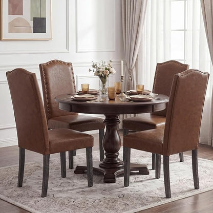 LSSBOUGHT PU Dining Chair Set of 2 Upholstered Parsons Kitchen Chair with Copper Nails and Solid Wood Legs for Dining Room,Restaurant(Brown, 2PCS)