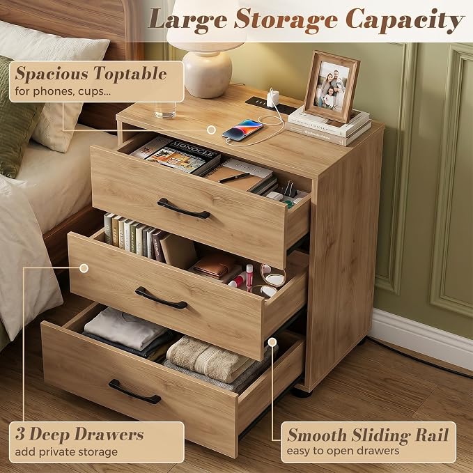 Aheaplus Night Stand Set of 2 with Charger Station, 21.7'' Wider Nightstands with 3 Wooden Drawers, Large Tall Bedside Table, Modern End Side Table Set, Nightstand for Bedroom, Natural Oak