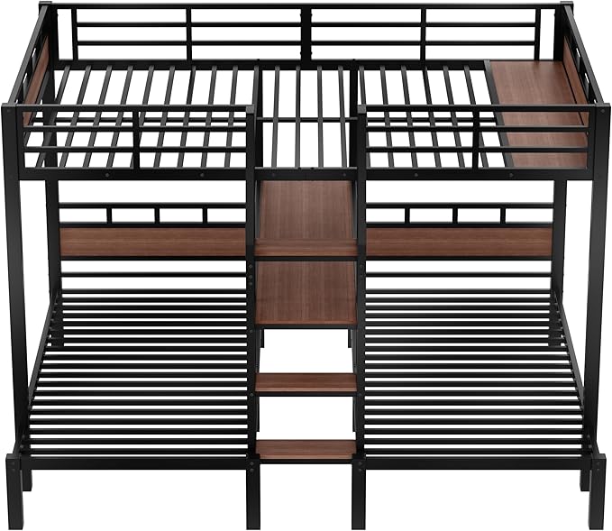 Queen Over Twin Over Twin Metal Bunk Bed, Triple Metal Bunk Bed with Storage Shelves and Wide Storage Stairs for Kids & Adults (Black, Queen Over Twin Over Twin)