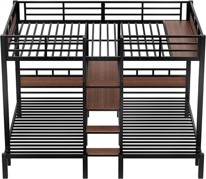 Queen Over Twin Over Twin Metal Bunk Bed, Triple Metal Bunk Bed with Storage Shelves and Wide Storage Stairs for Kids & Adults (Black, Queen Over Twin Over Twin)