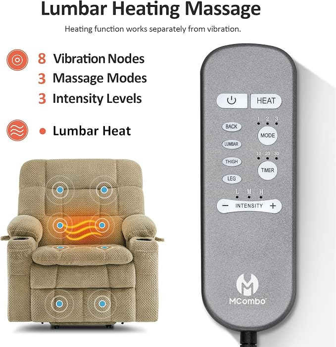 MCombo Small Dual Motor Power Lift Recliner Chair for Elderly, Zero Gravity Lift Chair with Heat and Massage, Lay Flat Recliner for Petite, USB Ports, Fabric R7894 (Small-Wide, Beige)