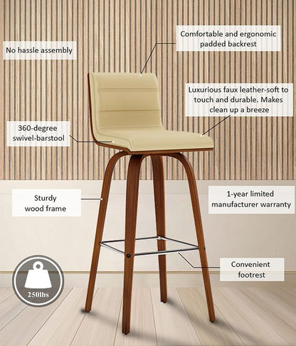 Vienna 30" Swivel Bar Stool in Walnut Wood Finish with Cream Faux Leather - Set of 3