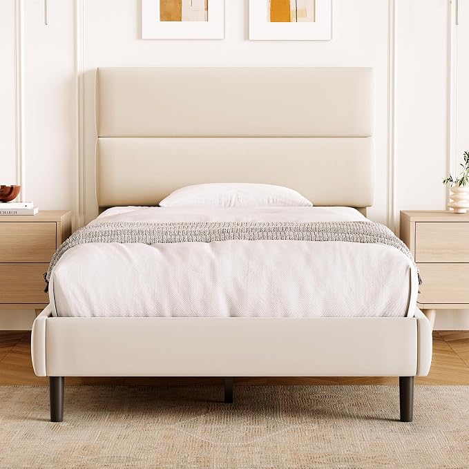 GRUSIGN Twin Size Platform Bed Frame with Velvet Headboard, Adjustable Height Wooden Slats Support, Upholstered Mattress Foundation, Fits Mattress or Mattress with Box Spring, Easy Assembly, Beige