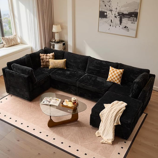 ovios Modular Sectional Sofa Couch with L-Shape Chaise Ottoman, Comfy Plush Corduroy Cloud Couches, Modern Luxury Deep Seat Sofas Set for Living Room, 6-Seater, Black