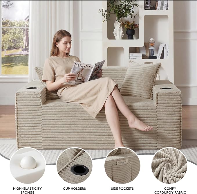 Boneless Sectional Sofa Couch with Cup Holders & Side Pockets, Modern Corduroy Fabric Deep Seat Loveseat Cloud Couch for Living Room Office, No Assembly (Camel)