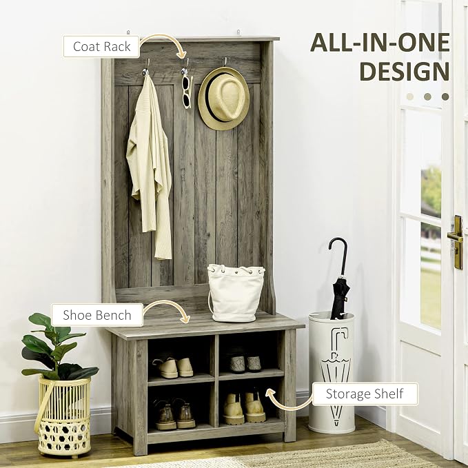 HOMCOM Hall Tree with Shoe Storage Bench, Entryway Bench with Coat Rack, Accent Coat Tree with Adjustable Shelves for Hallway, Living Room, Grey