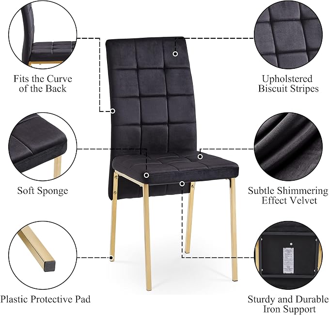 NORDICANA Upholstered Velvet Dining Chairs for 6, Classic High Back Kitchen Chairs Set of 6, Tufted Side Chairs, Golden Color Metal Legs, Black