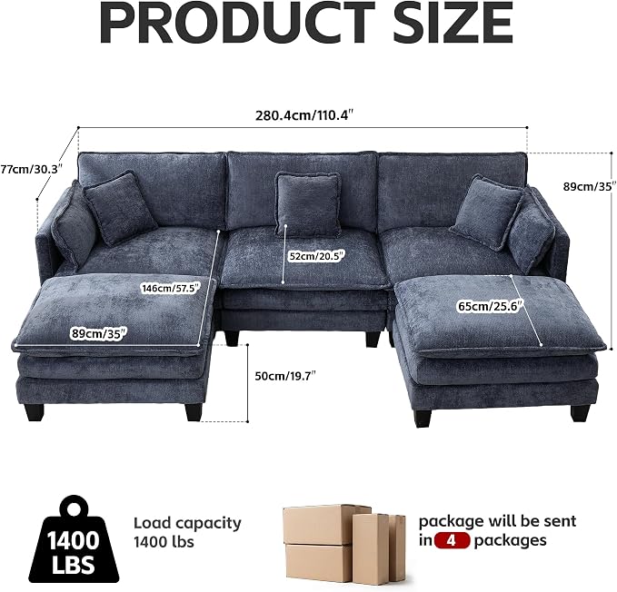 Opiesit Modular Sectional Sofa with Movable Ottoman, 110" 5-Seat Modern Couches for Living Room, Comfy U Shaped Couch Set with Deep Seat for Office and Apartment, Blue Chenille Fabric