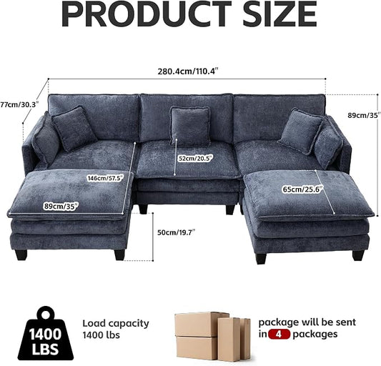 Opiesit Modular Sectional Sofa with Movable Ottoman, 110" 5-Seat Modern Couches for Living Room, Comfy U Shaped Couch Set with Deep Seat for Office and Apartment, Blue Chenille Fabric