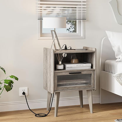 MMEOLUOOK Nightstand with Charging Station, Bedside Tables Oak Grey End Table Side Table with 2 Tiers Storage Space, for Bedroom Living Room MLBZ07GE