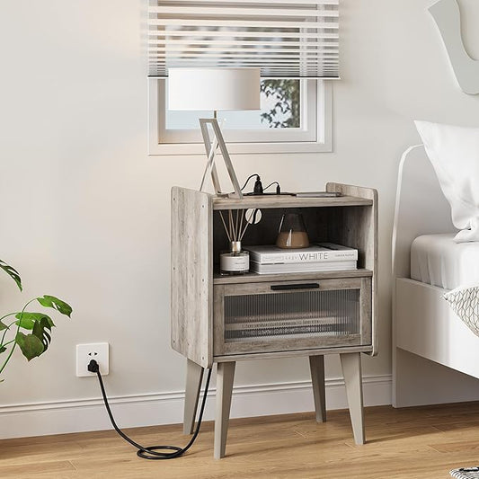 MMEOLUOOK Nightstand with Charging Station, Bedside Tables Oak Grey End Table Side Table with 2 Tiers Storage Space, for Bedroom Living Room MLBZ07GE