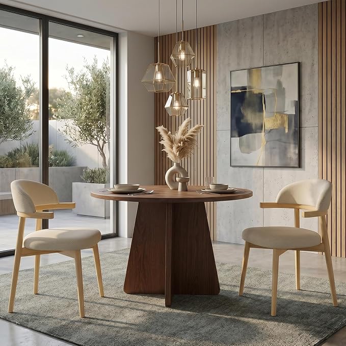 MOJAY Dining Chairs Set of 2 Natural Oak, Linen Beige with Curved Armrests