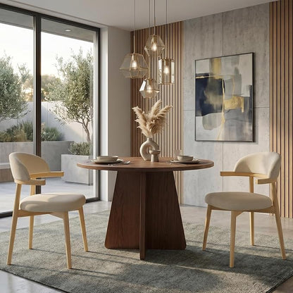 MOJAY Dining Chairs Set of 2 Natural Oak, Linen Beige with Curved Armrests