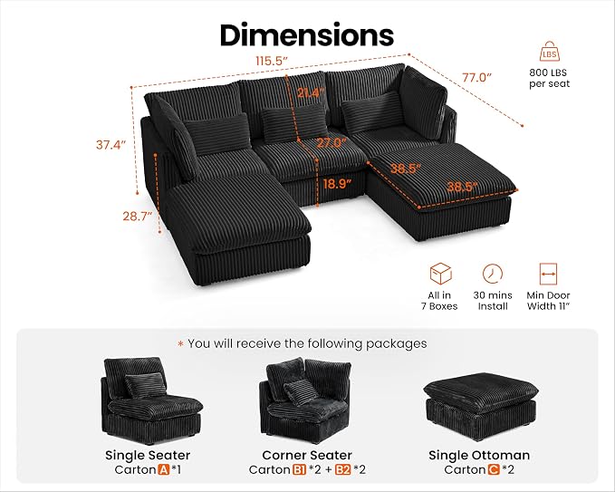 115" Oversized Corduroy Couch Modular Sectional Sofa, Washable Cloud Couch Sectional with 2 Ottoman, 5 Seater Sectional Couches for Living Room, Fully Cover Removable, U Shaped, Corduroy, Black