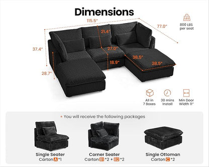 115" Oversized Corduroy Couch Modular Sectional Sofa, Washable Cloud Couch Sectional with 2 Ottoman, 5 Seater Sectional Couches for Living Room, Fully Cover Removable, U Shaped, Corduroy, Black