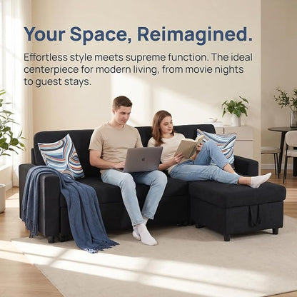 Pull Out Couch, L Shaped Sectional Couch with Pull Out Bed, Convertible Sofa Bed with Storage Chaise, Queen Size Sleeper Sofa, Sofa Bed Couch, Sleeper Sofa with Storage, Black