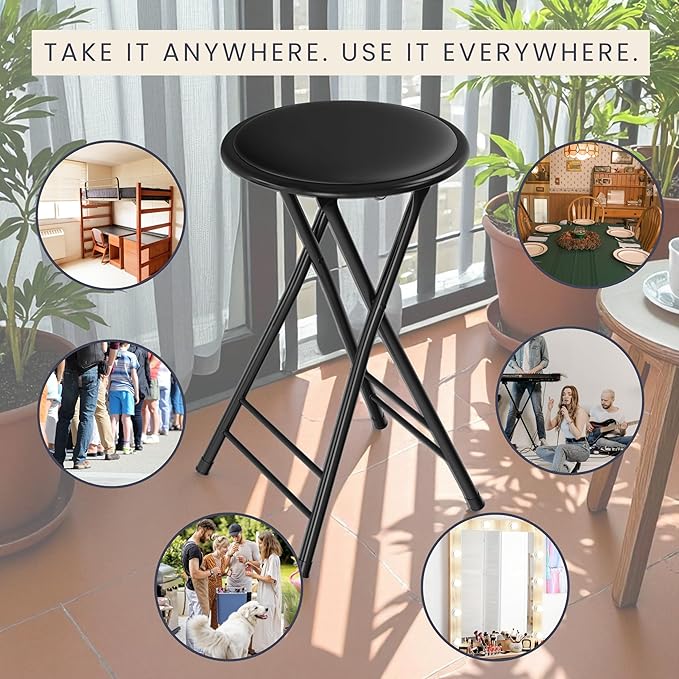 Lavish Home Folding Stool - Backless 24-Inch Stool with 225lb Capacity for Kitchen or Rec Room - Portable Indoor Counter Bar Stools (Black)
