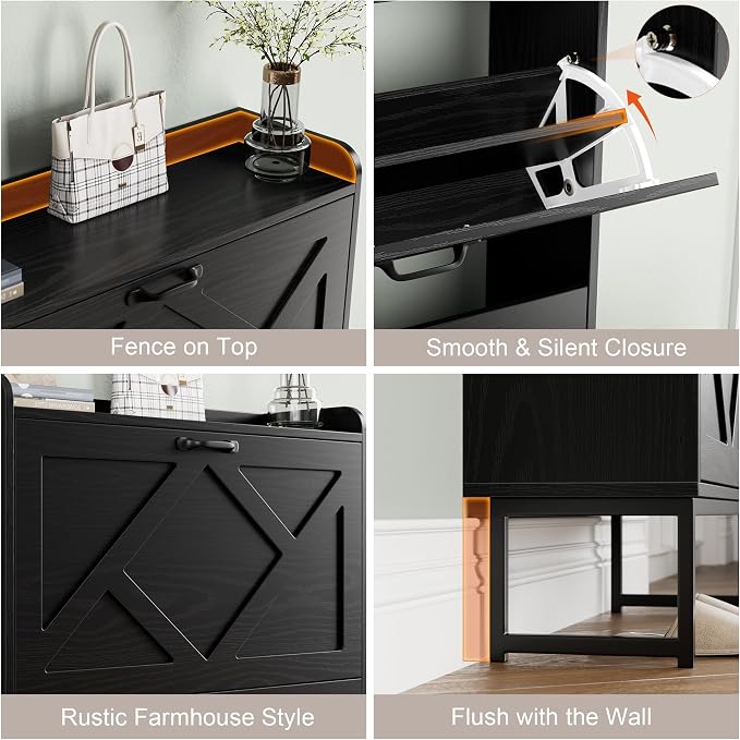 Nicetree Shoe Storage Cabinet with 2 Flip Drawers, Freestanding Shoe Organizer, Shoe Cabinet with Metal Legs, Narrow Shoe Rack Cabinet, Farmhouse Slim Shoe Cabinet for Entryway, Foyer, Hallway, Black