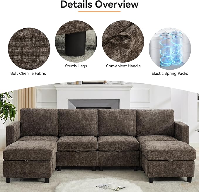 WUTUTUEE 58'' Modular Sectional Loveseat Sofa with Storage, Comfy Office L Shaped Sofa Couch, Chenille Love Seat Modular Sectional Couch with Movable Ottoman for Living Room, Bedroom, Brown