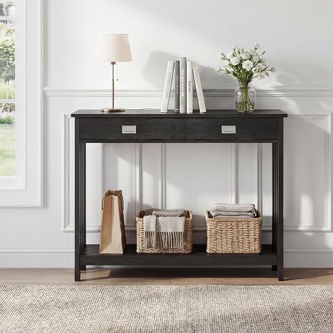 ChooChoo 47" Black Entryway Table with Drawer, Narrow Console Table with Storage Shelf, Sofa Table for Living Room, Entryway, and Hallway