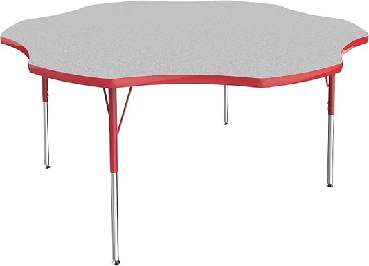 FDP Flower Activity School and Office Table (60 inch), Standard Legs with Swivel Glides for Collaborative Seating Environments, Adjustable Height 19-30 inches - Gray Top and Red Edge