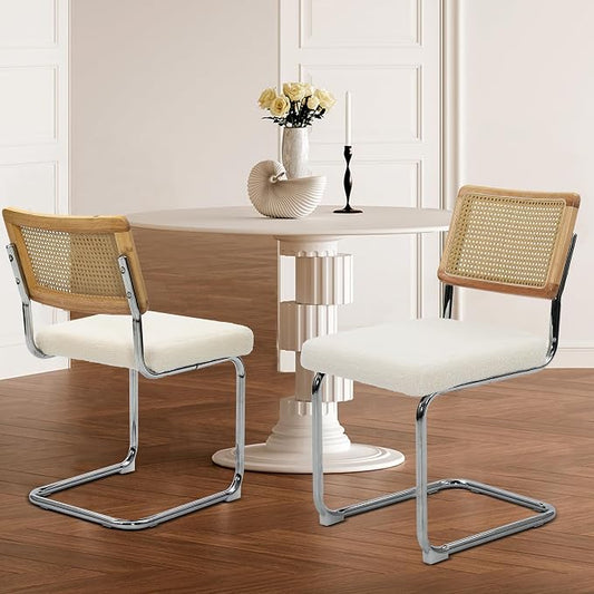 KROFEM Dining Chairs Set of 2,Modern Rattan Kitchen Chairs,White | Mid Century Modern Design,Polished Chrome Frame,Upholstered Seat
