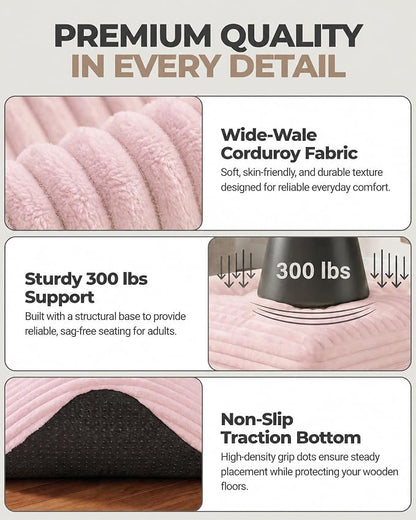 23.6in Pouf Ottoman, Corduroy Ottoman Foot Rest with Dual‑Layer Support, Large Poofy Pouf with Soft Chunk‑Foam Top & Firm Foam Base, Floor Foot Stool for Living Room, Pink