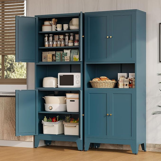 Metal Pantry Cabinet, Tall Kitchen Cabinet with 4 Doors & Adjustable Shelves,69" Blue Freestanding Storage Cabinets with Microwave Stand Cupboard for Living Room,Dining Room,Home