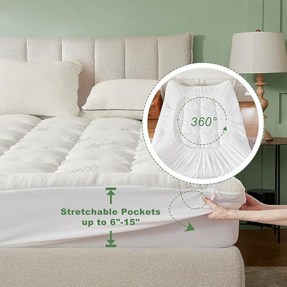 BEDLORE Full Size Mattress Topper Viscose Derived from Bamboo, Thick Pillow Top Mattress Pad with Stretchable Pockets for 6-15 inches Mattress, Breathable Mattress Topper for Back Pain Relief