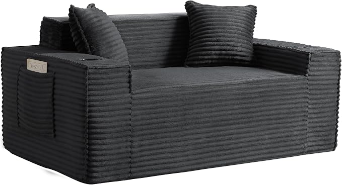 61" Boneless Sofa Couches with Cup Holder,2 Seat Loveseat Sofas with Side Pocket for Compact Living Rooms, Apartments (Deep Gray, Loveseat Sofa)