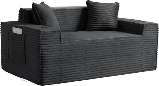 61" Boneless Sofa Couches with Cup Holder,2 Seat Loveseat Sofas with Side Pocket for Compact Living Rooms, Apartments (Deep Gray, Loveseat Sofa)