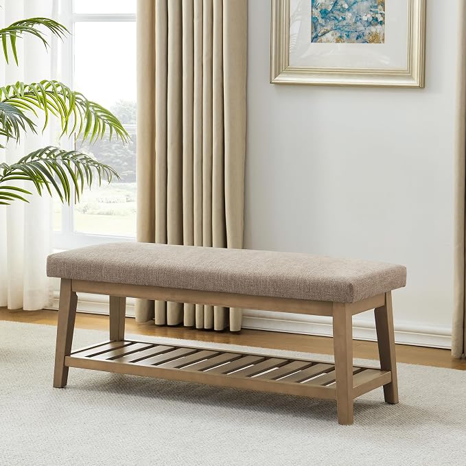 Zihanhome Entryway Shoe Bench with Cushion, End of Bed Bench,Upholstered Bench for Kitchen, Bench with Solid Wood Shelf, Fabric Ottoman Bench for Hallway, Living Room (Brown)