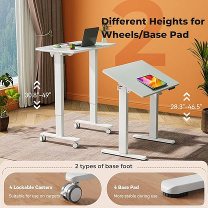 32" Glass Standing Desk,90°Tilt Whiteboard Electric Drafting Table | White Foldable One-piece Electric Height Adjustable Drawing Table with 4 Lockable Wheels, Small Portable Rising Workstation