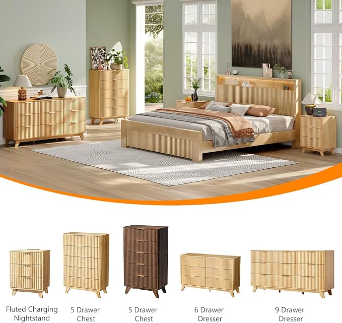 VINGLI Fluted 9 Drawer Dresser for Bedroom, Wood Dresser with Rounded Edges, 57" Long Dressers Oak, Natural Wood Color, 57" W*15.75" D*29.92" H