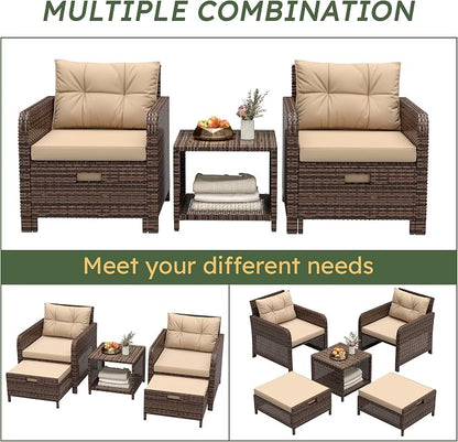 LHBcraft Balcony Furniture 5 Piece Wicker Patio Furniture Set, Outdoor Hand-Woven Rattan Lounge Chairs with Tempered Glass Coffee Table, Ottomans & Soft Cushions for Front Porch, Garden, Brown