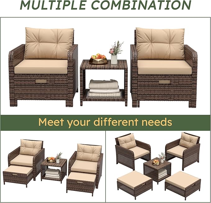 LHBcraft Outdoor Furniture 5 Piece Patio Conversation Set, PE Rattan Patio Set with Soft Cushions & Coffee Table, Outside Furniture with Hidden Ottoman for Porch, Lawn, Garden, Balcony, Brown