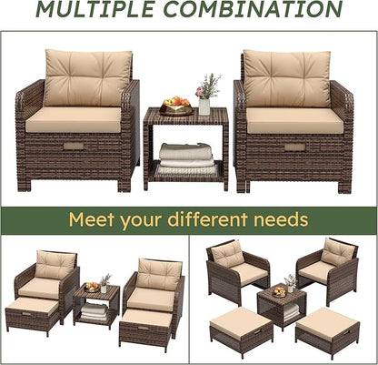 LHBcraft Outdoor Furniture 5 Piece Patio Conversation Set, PE Rattan Patio Set with Soft Cushions & Coffee Table, Outside Furniture with Hidden Ottoman for Porch, Lawn, Garden, Balcony, Brown
