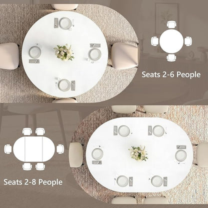 Einhomn 43-59" Extendable Round Dining Table, Kitchen Table for 4-8, Farmhouse Circle Dining Room Table with Removable Leaves, Hidden Storage, Space Saving Wood Kitchen & Dining Room Furniture, White