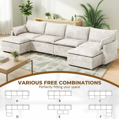 LEVELEVE 147" U-Shape Modular Sofa with 2 Ottomans, Deep Seat Cloud Convertible Sleeper, 2 Arm Pillows, Comfortable Large Upholstered Furniture for Living Room Apartment, Beige