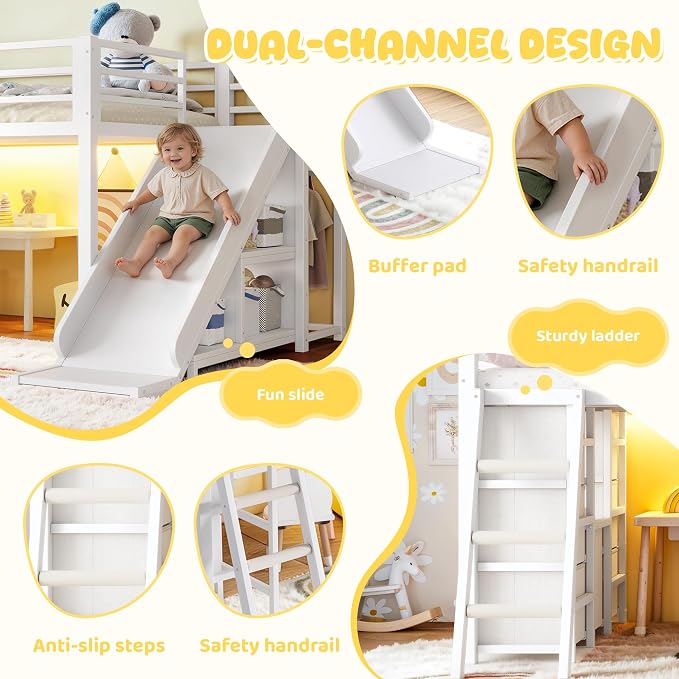 Bellemave Twin Size Loft Bed with 7 Non-Woven Fabric Drawers, Shelves and Wardrobe, Twin Loft Bed with Detachable Slide and Ladders, Low Profile Loft Beds with Lights, Noise Reduced Design White