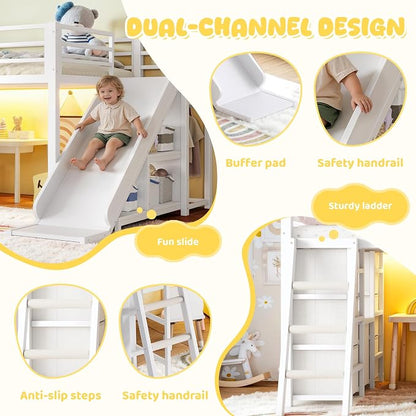Bellemave Twin Size Loft Bed with 7 Non-Woven Fabric Drawers, Shelves and Wardrobe, Twin Loft Bed with Detachable Slide and Ladders, Low Profile Loft Beds with Lights, Noise Reduced Design White
