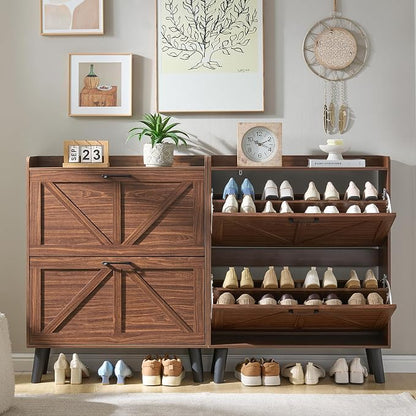 LEYAOYAO Shoe Cabinet Storage for Entryway with 2 Flip Drawers Rack Narrow Organizer Slim Hidden Wood Shoe Cabinet Furniture Walnut