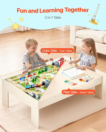 VEVOR Train Table, 120 Multicolor Pieces Wooden Kids Activity Table with Collapsible Storage Bin, 3-in-1 Wooden Train Set for Gaming, Drawing, Reading, Eating, Creative Toy Set for Kids Ages 3+