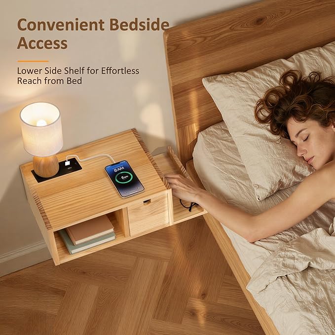 Afuly Floating Nightstand with Charging Station, Wall Mount Night Stand with Drawer Hanging Bedside Table End Table, Solid Wood Modern Side Table Shelf for Bedroom Natural Wooden Decor