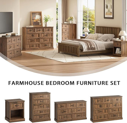 CARPETNAL Farmhouse Dresser and Nightstand Sets for Bedroom, 3 Pcs Bedroom Set, 9 Drawer Dresser & Nightstand Set of 2, Modern Wood Chest of Drawers for Bedroom, Living Room, Entryway, Brown