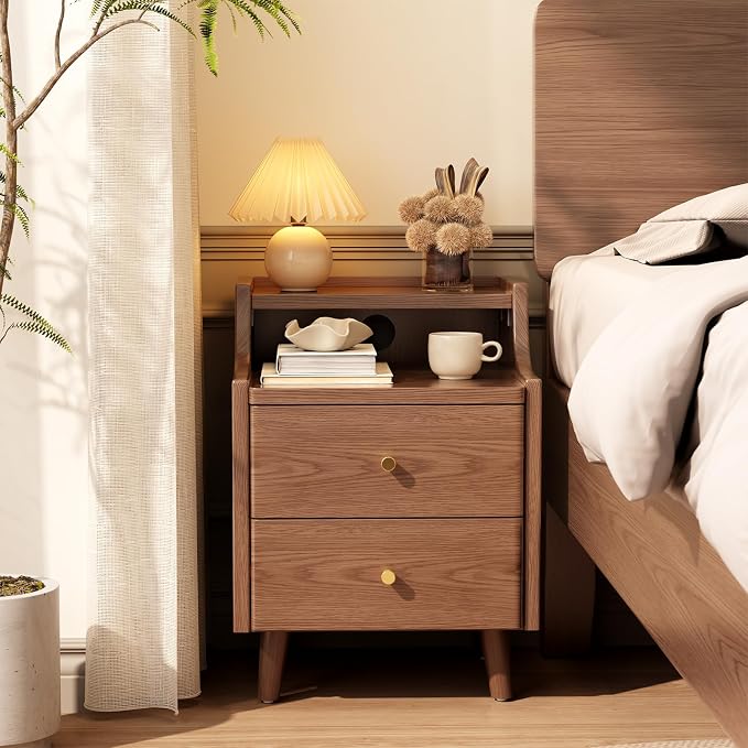 Narrow Nightstand with 2 Drawers,Walnut Nightstand,Bedside Table,Solid Wood Modern Bedside Table for Bedroom,Study,Toilet