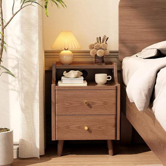 Narrow Nightstand with 2 Drawers,Walnut Nightstand,Bedside Table,Solid Wood Modern Bedside Table for Bedroom,Study,Toilet