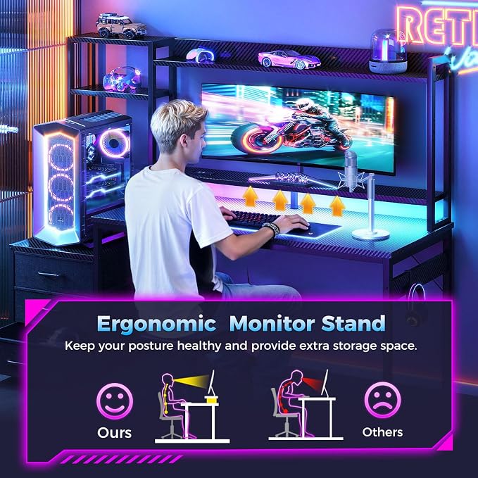 Casaottima 55 Inch Gaming Desk with Hutch & 3 Fabric Drawers, Computer Desk with USB Ports & LED Lights, Reversible Pc Gamer Table with Monitor Stand for Home Office, Carbon Fiber Black