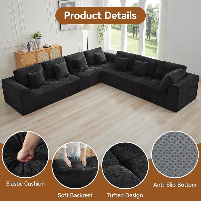 140''Modular Sectional Couches for Living Room, Cloud Boneless Compressed Sectional Sofa, Oversized L Shaped 7 Seater Upholstered Memory Foam Sofa, No Assembly, Chenille Black
