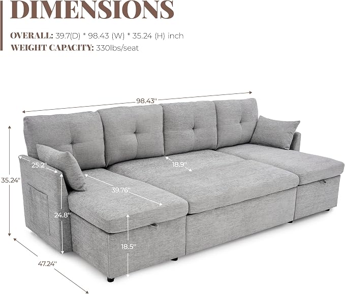 Huatean Home Oversized Sleeper Sofa Couch, 100 inch 2 in 1 Pullout Couch Bed with Side Pockets for Living Room, Sectional Sleeper Sofa Bed with Double Storage Chaise, LightGrey